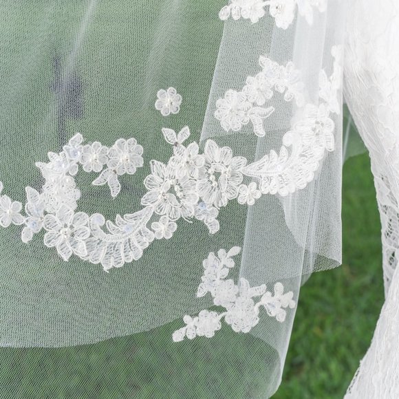 Beaded ivory lace trim fingertip wedding veil